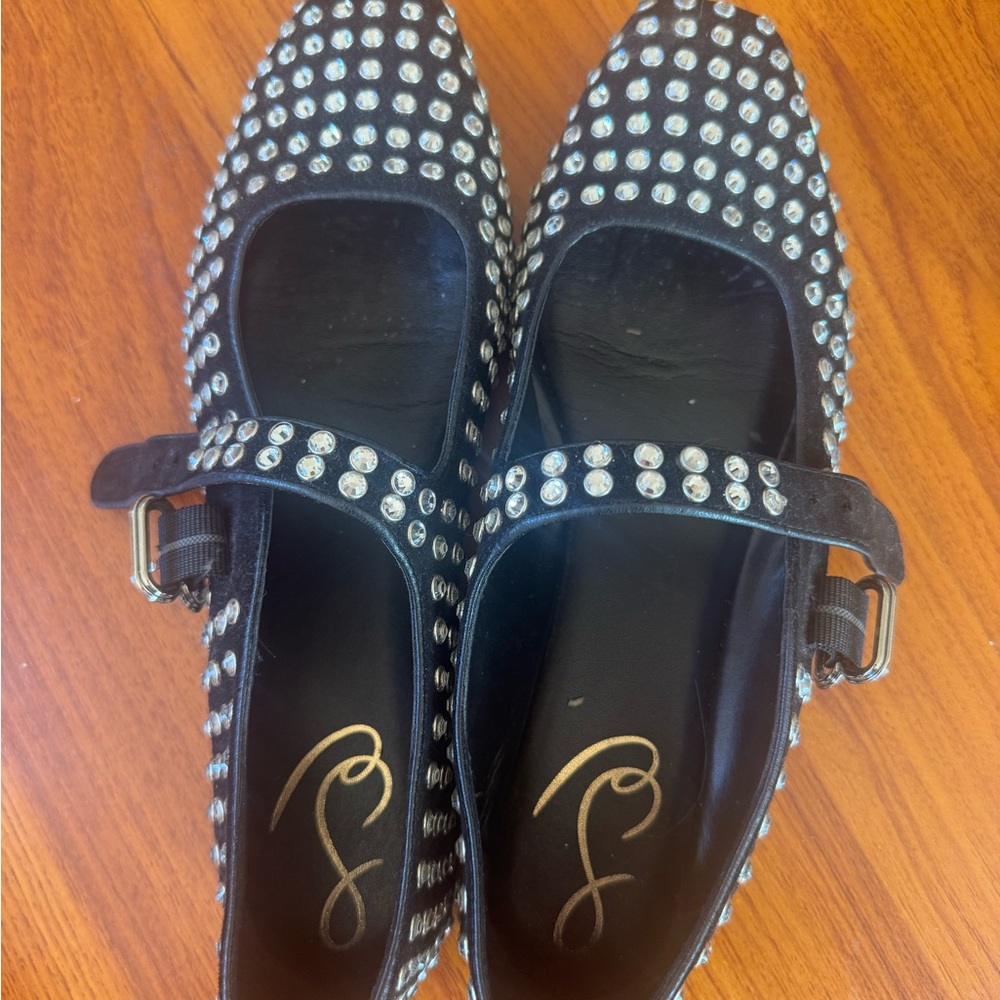 SAM EDELMAN Studded Black Mary Jane Flats with Crystal Accents